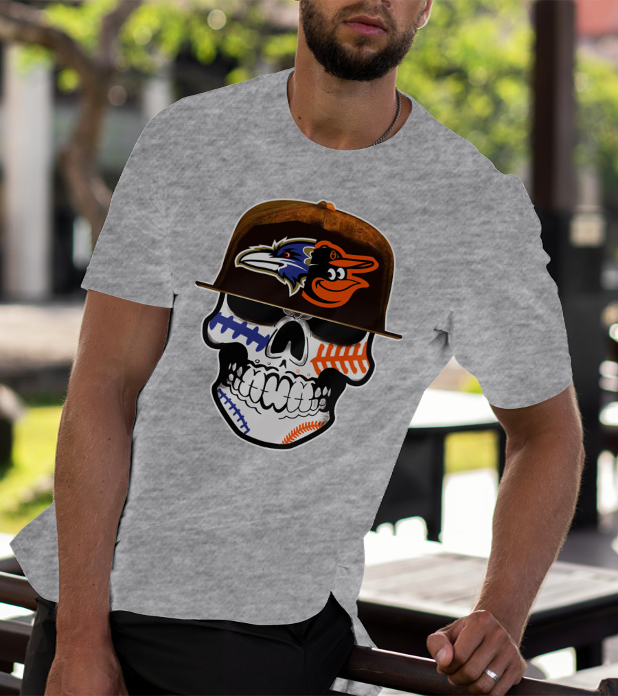 Baltimore Ravens Orioles Skull Baseball Crossover T-Shirt