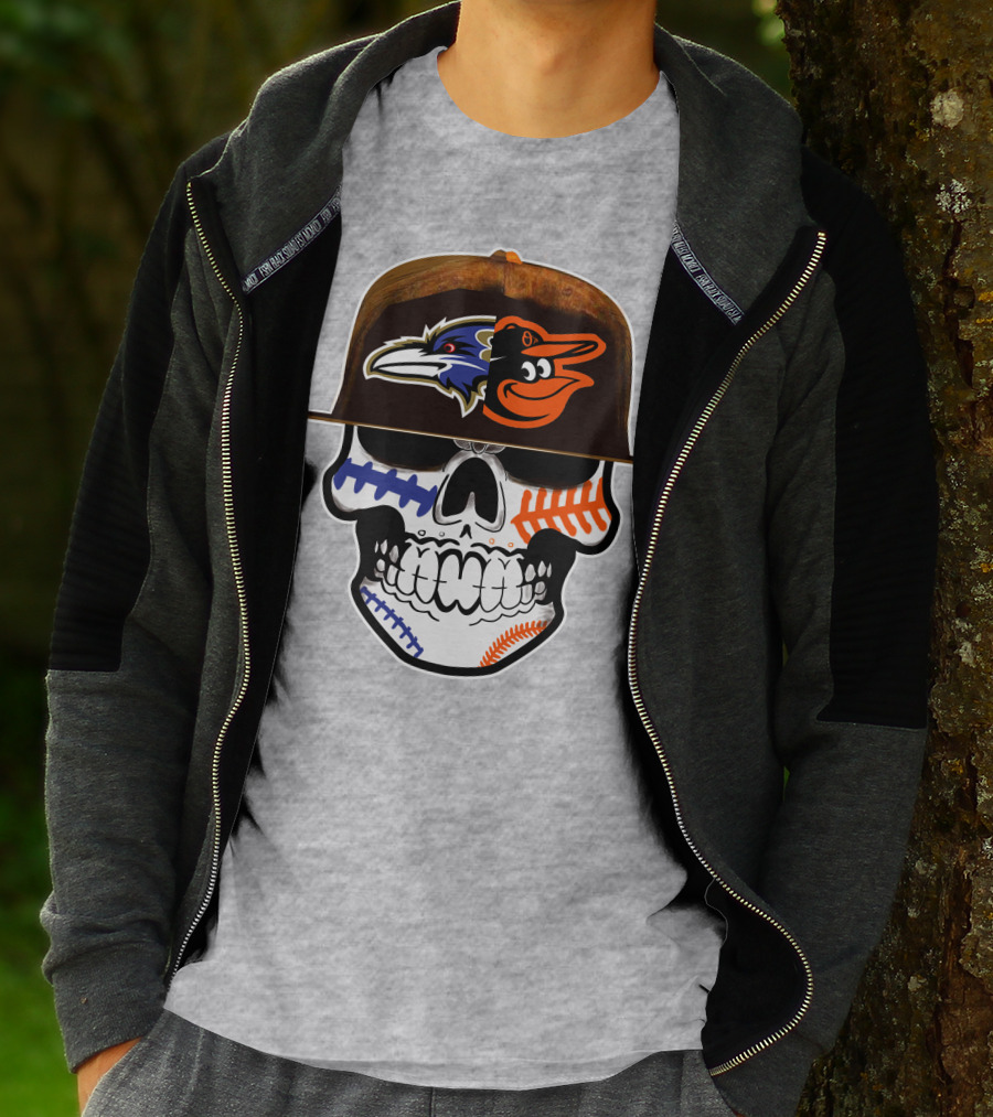 Baltimore Ravens Orioles Skull Baseball Crossover T-Shirt
