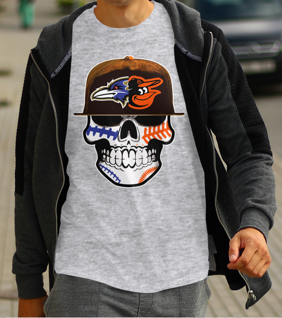 Baltimore Ravens Orioles Skull Baseball Crossover T-Shirt