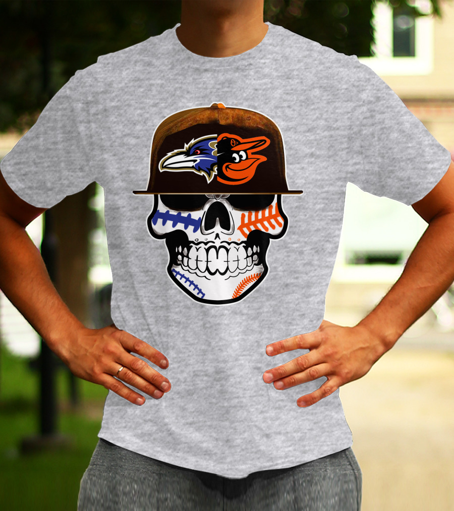 Baltimore Ravens Orioles Skull Baseball Crossover T-Shirt