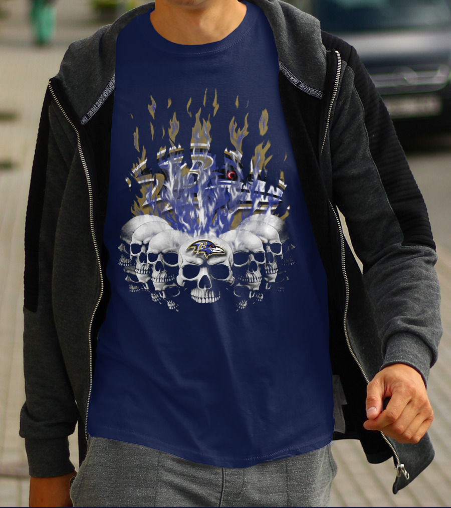 Baltimore Ravens Skull Flame Design With Team Logo T-Shirt
