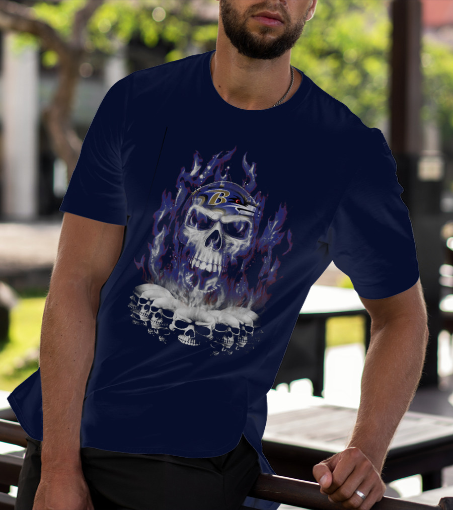 Baltimore Ravens 52 Skulls And Flames Football Helmet T-Shirt