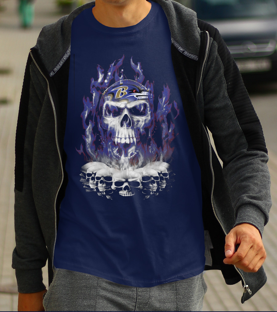 Baltimore Ravens 52 Skulls And Flames Football Helmet T-Shirt