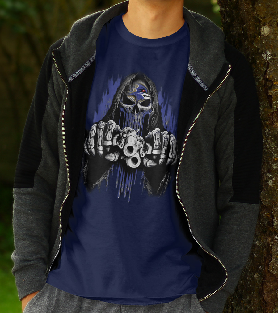 Baltimore Ravens Skull Reaper Gun Fists T-Shirt