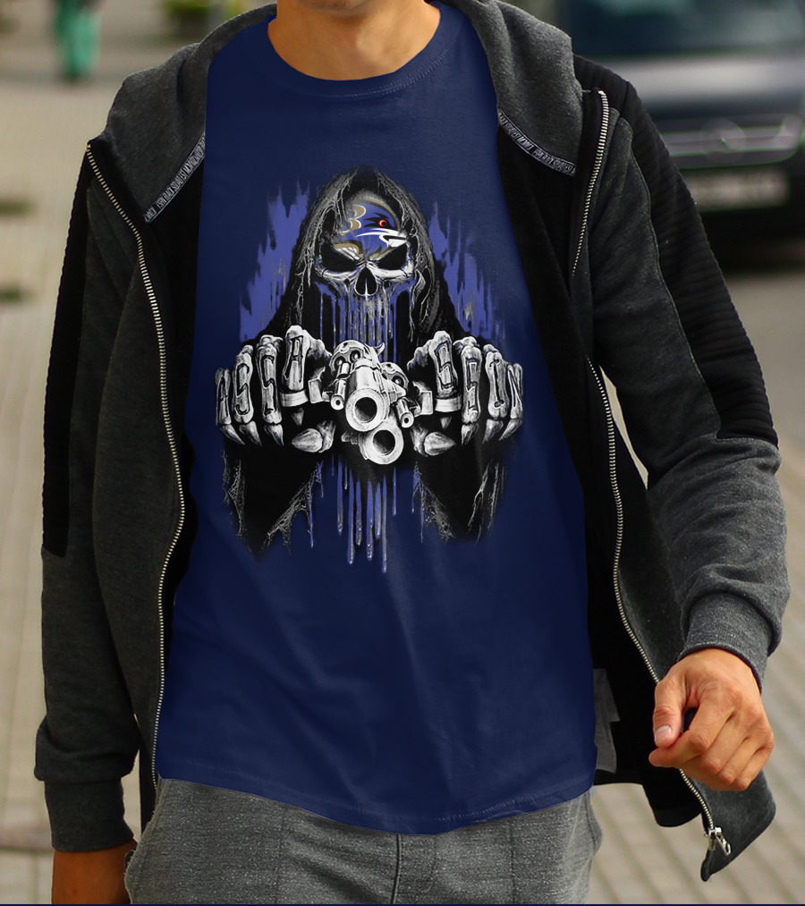 Baltimore Ravens Skull Reaper Gun Fists T-Shirt