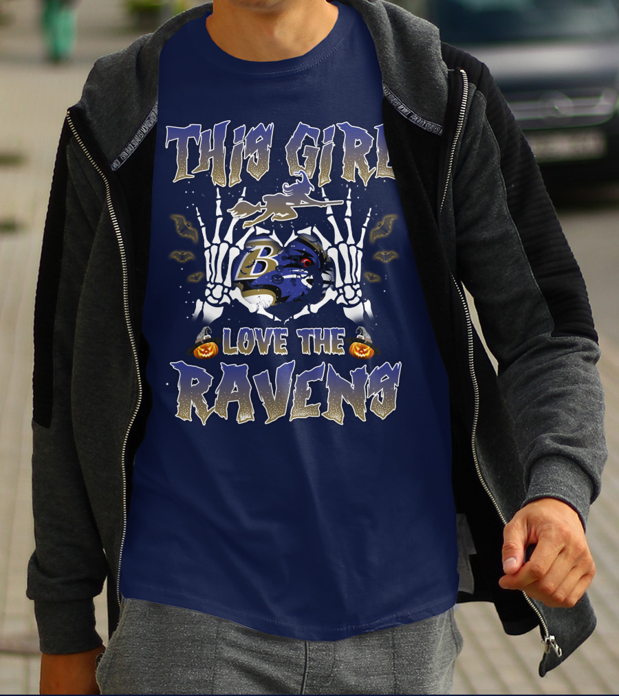 This Girl Loves The Baltimore Ravens 80 Halloween Skeleton Theme T-Shirt