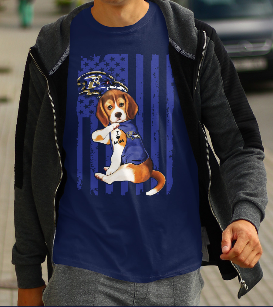 Beagle Puppy I Love Mom Baltimore Ravens Fan With Tattoo And Team Jersey T-Shirt