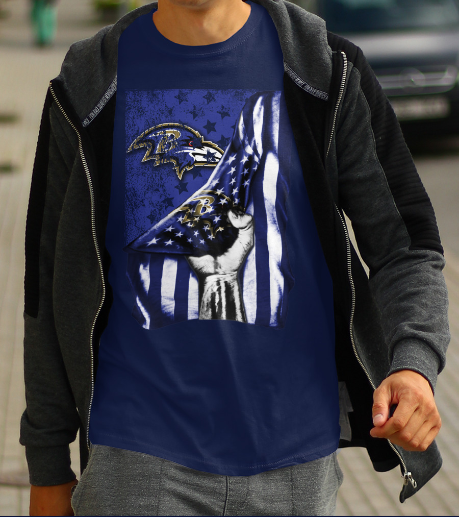 Fist Holding American Flag With Baltimore Ravens Logo And Stars T-Shirt