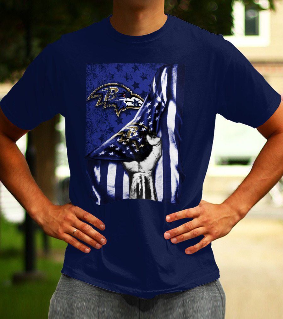 Fist Holding American Flag With Baltimore Ravens Logo And Stars T-Shirt