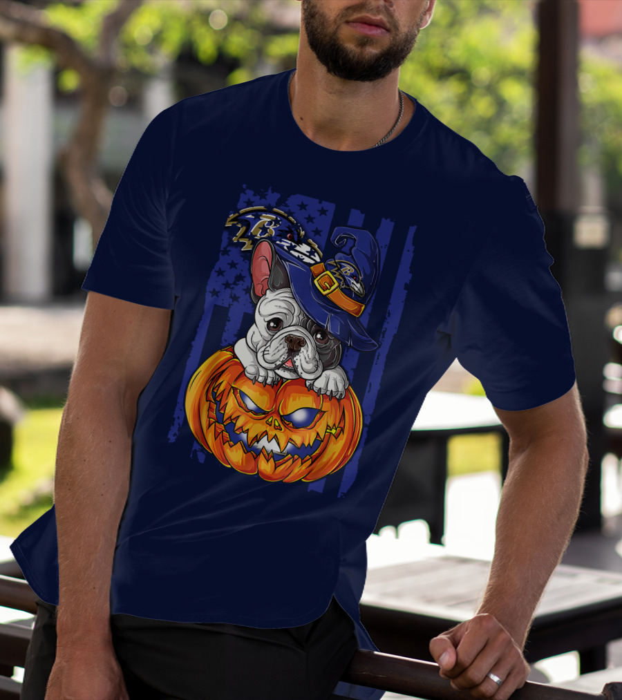 Bulldog In Wizard Hat On Jack-o'-Lantern With Baltimore Ravens T-Shirt