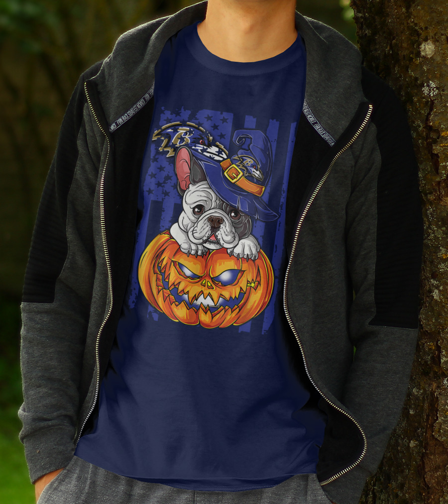 Bulldog In Wizard Hat On Jack-o'-Lantern With Baltimore Ravens T-Shirt