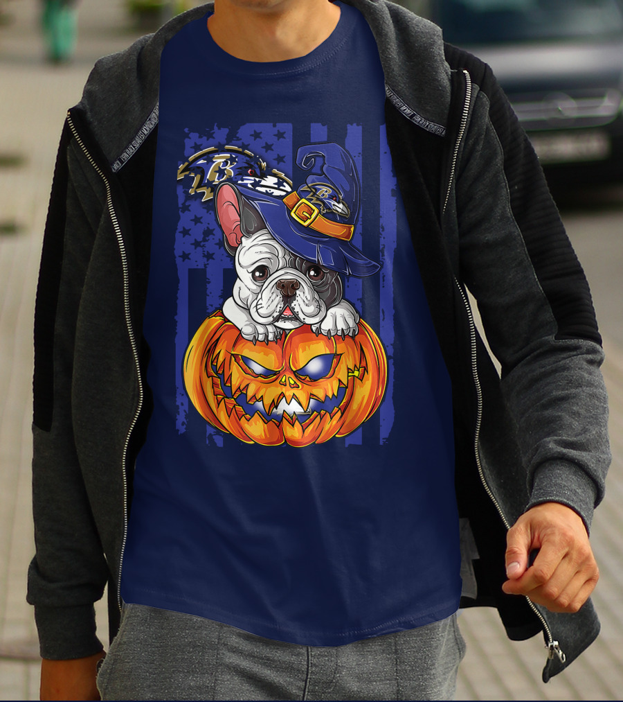 Bulldog In Wizard Hat On Jack-o'-Lantern With Baltimore Ravens T-Shirt