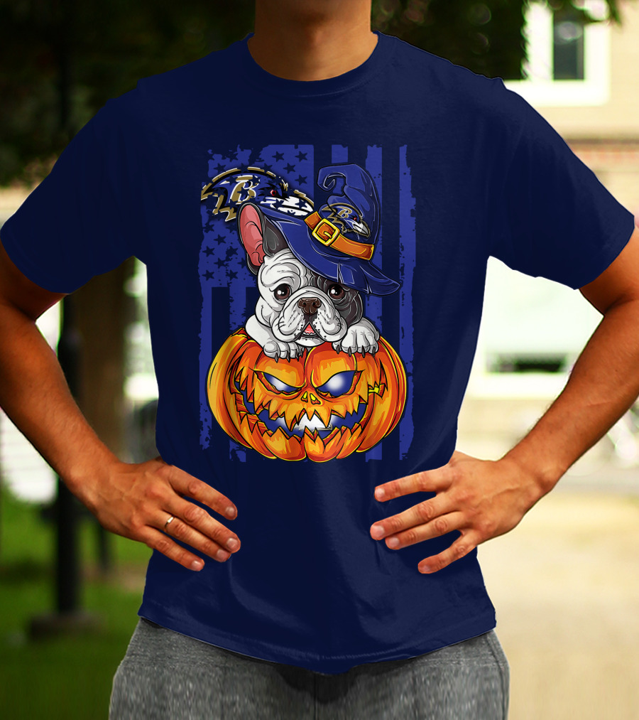 Bulldog In Wizard Hat On Jack-o'-Lantern With Baltimore Ravens T-Shirt