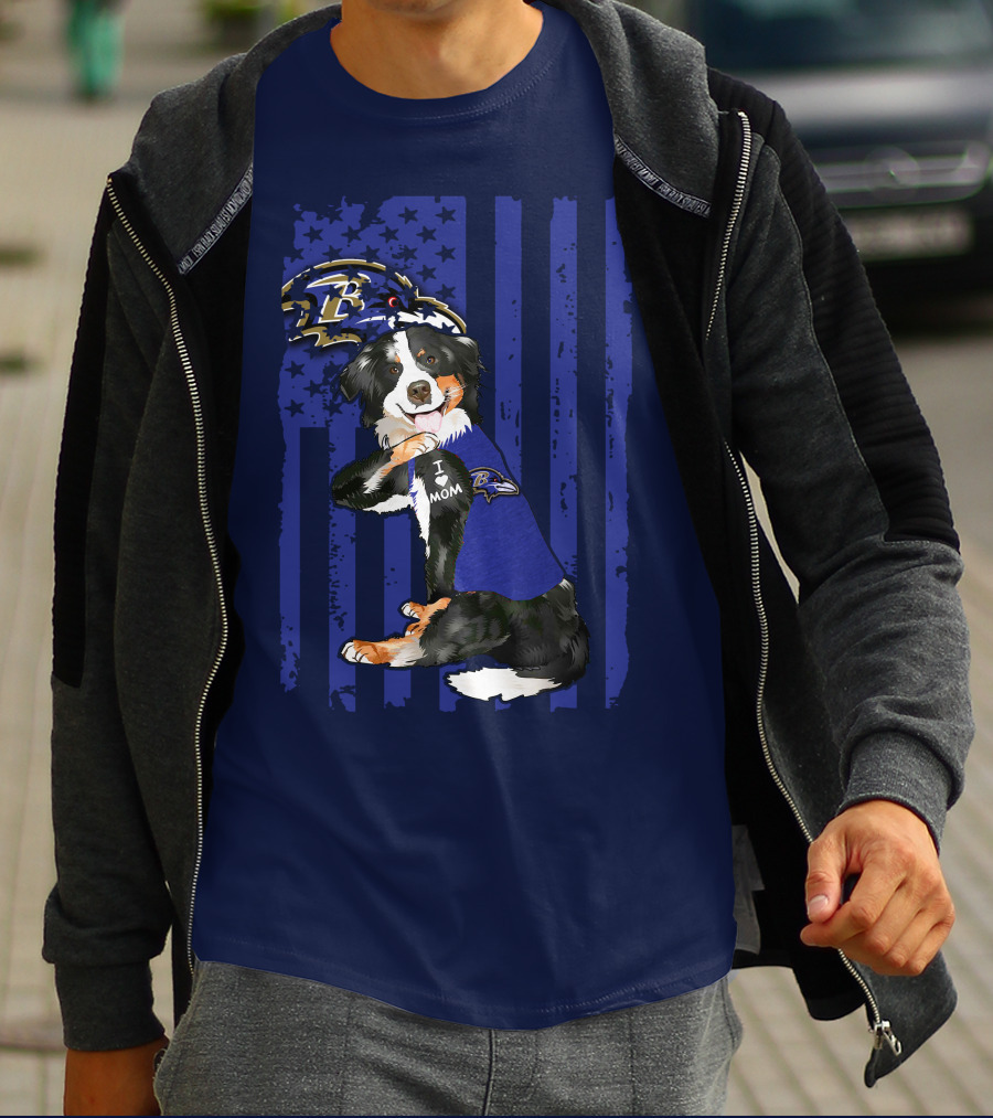 Border Collie Wearing Baltimore Ravens Gear With I Love Mom Tattoo T-Shirt