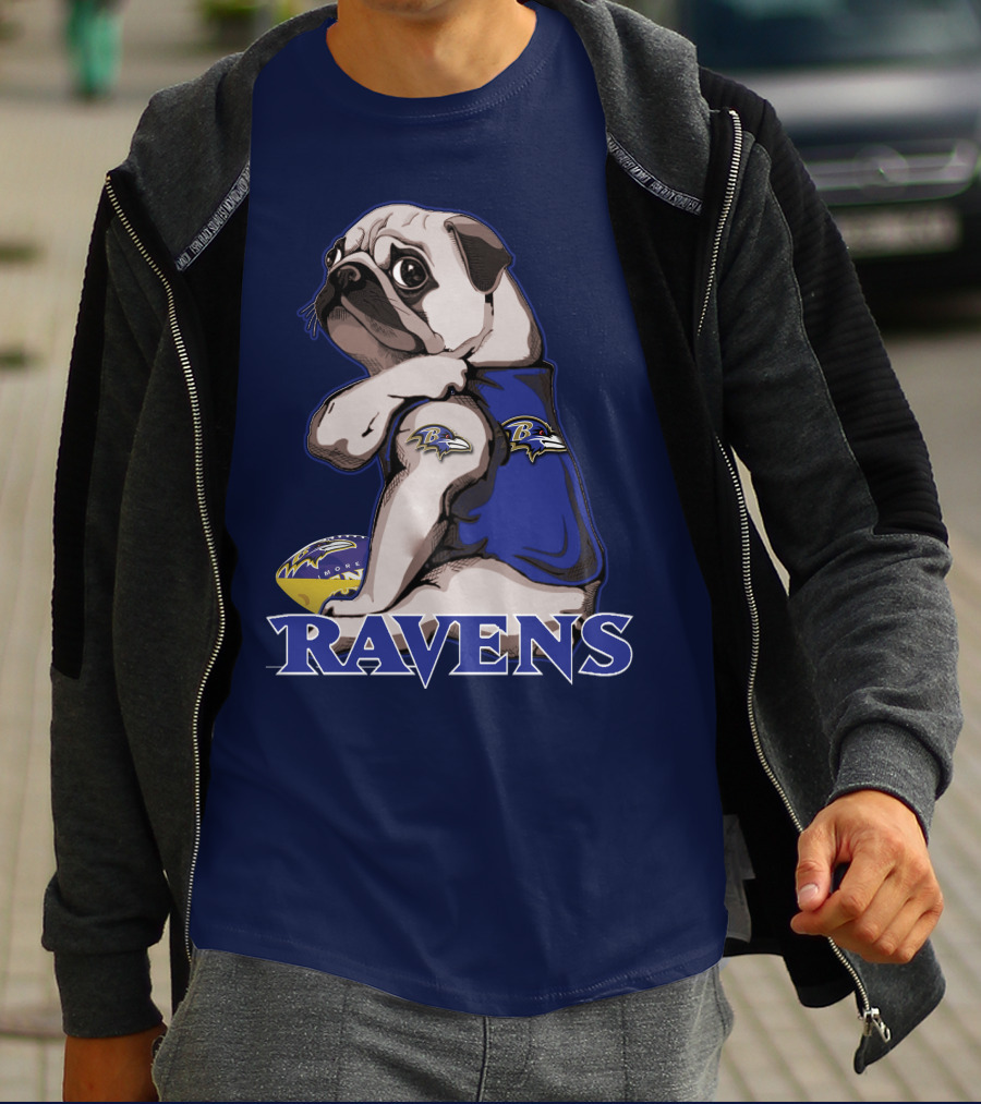 Pug Wearing Baltimore Ravens Football Jersey With Ravens Logo And Football T-Shirt