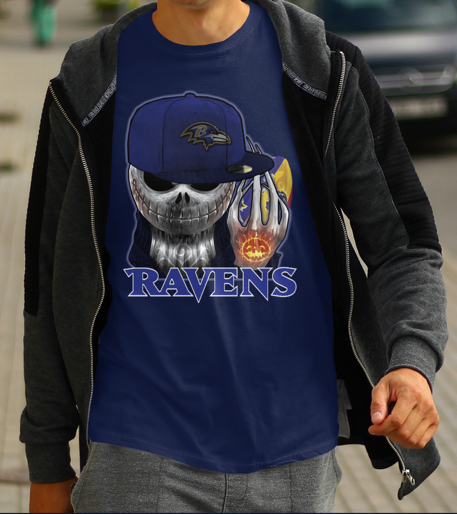 Jackskull Ravens Baltimore Football Logo And Pumpkin T-Shirt