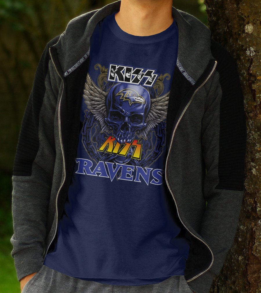 Kiss Ravens Baltimore Football Skull Wings T-Shirt
