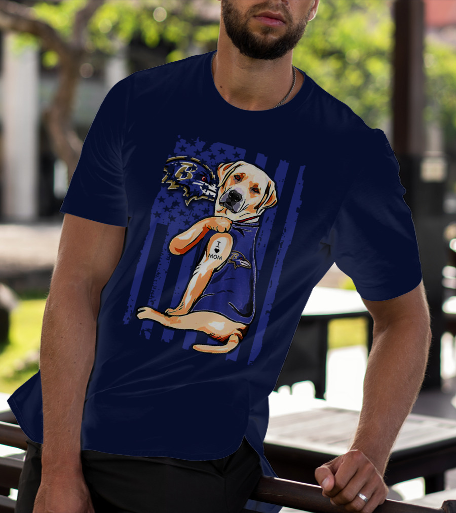 Labrador Retriever I Love Mom Baltimore Ravens Fan Dog With Tattoo And Team T-Shirt