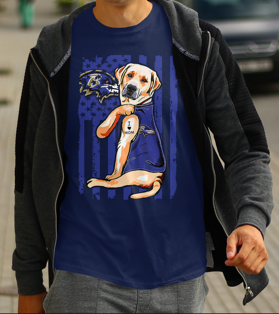 Labrador Retriever I Love Mom Baltimore Ravens Fan Dog With Tattoo And Team T-Shirt