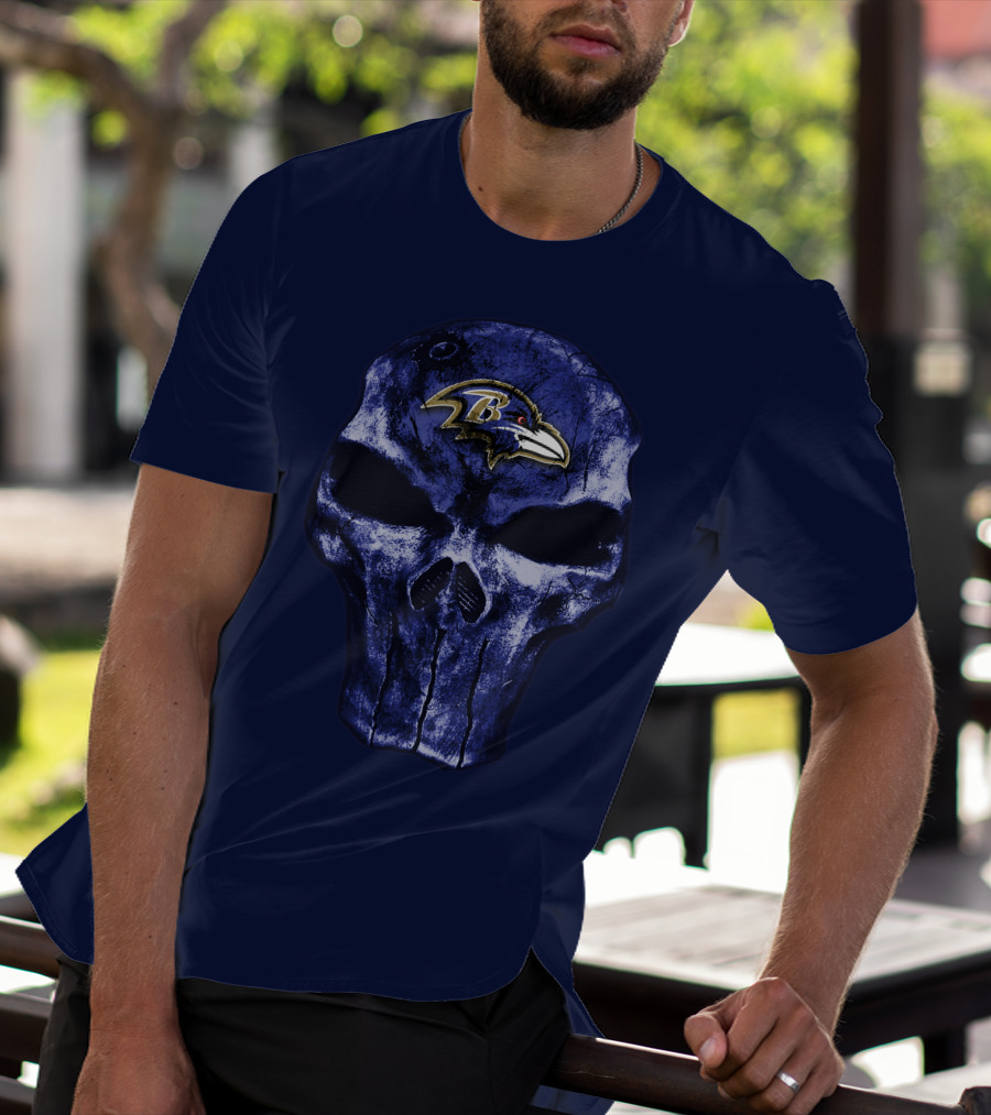 Skull Baltimore Ravens Logo Blue Skull T-Shirt