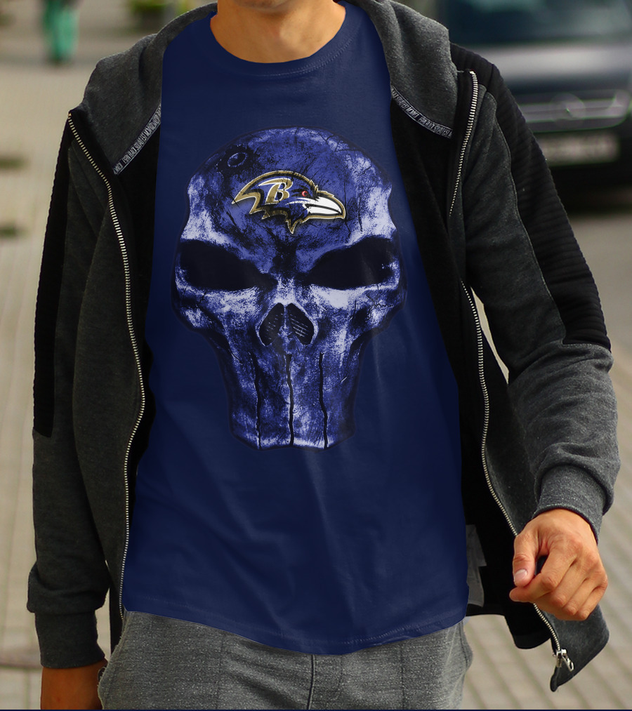 Skull Baltimore Ravens Logo Blue Skull T-Shirt