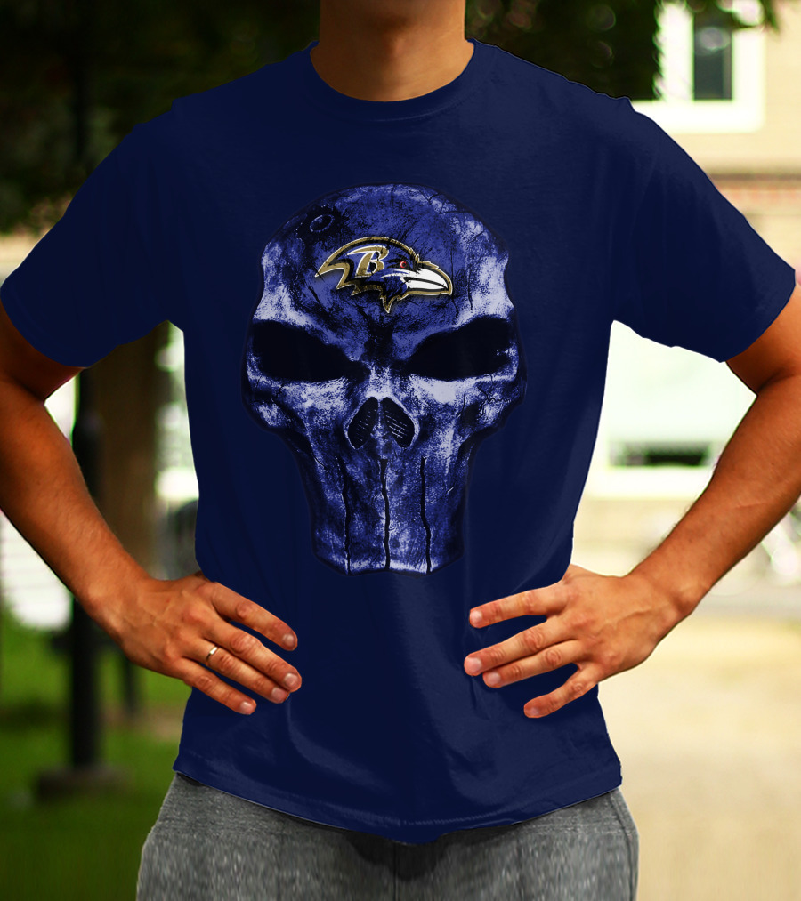 Skull Baltimore Ravens Logo Blue Skull T-Shirt