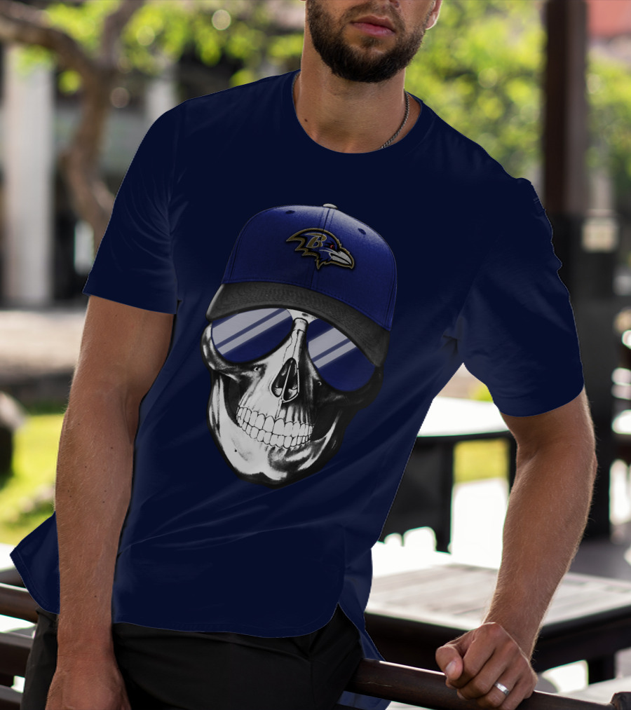 Skull With Baltimore Ravens Cap And Sunglasses T-Shirt