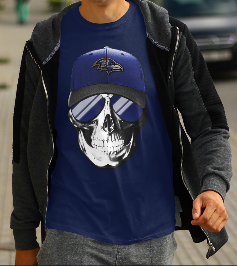 Skull With Baltimore Ravens Cap And Sunglasses T-Shirt