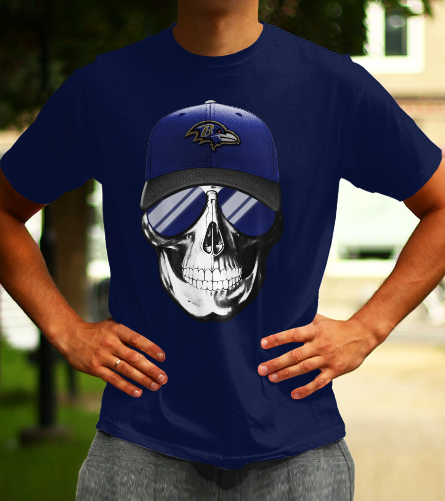 Skull With Baltimore Ravens Cap And Sunglasses T-Shirt