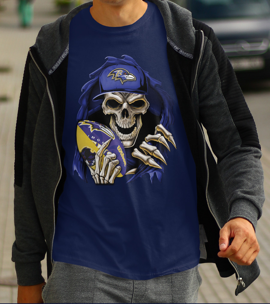 Skullbong Baltimore Ravens Skeleton With Football And Cap T-Shirt