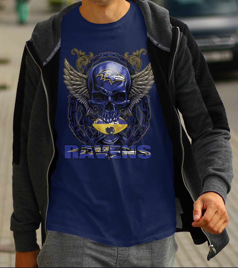 Baltimore Ravens Skull With Wings And Chain T-Shirt