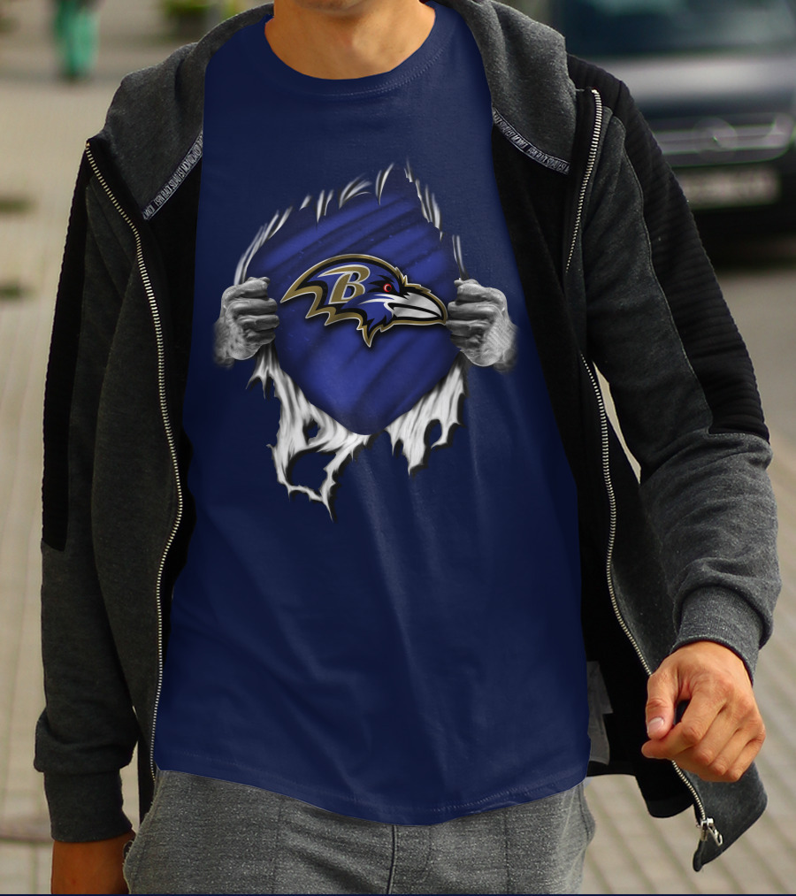 Torn V1 Baltimore Ravens Logo Burst With Hands T-Shirt