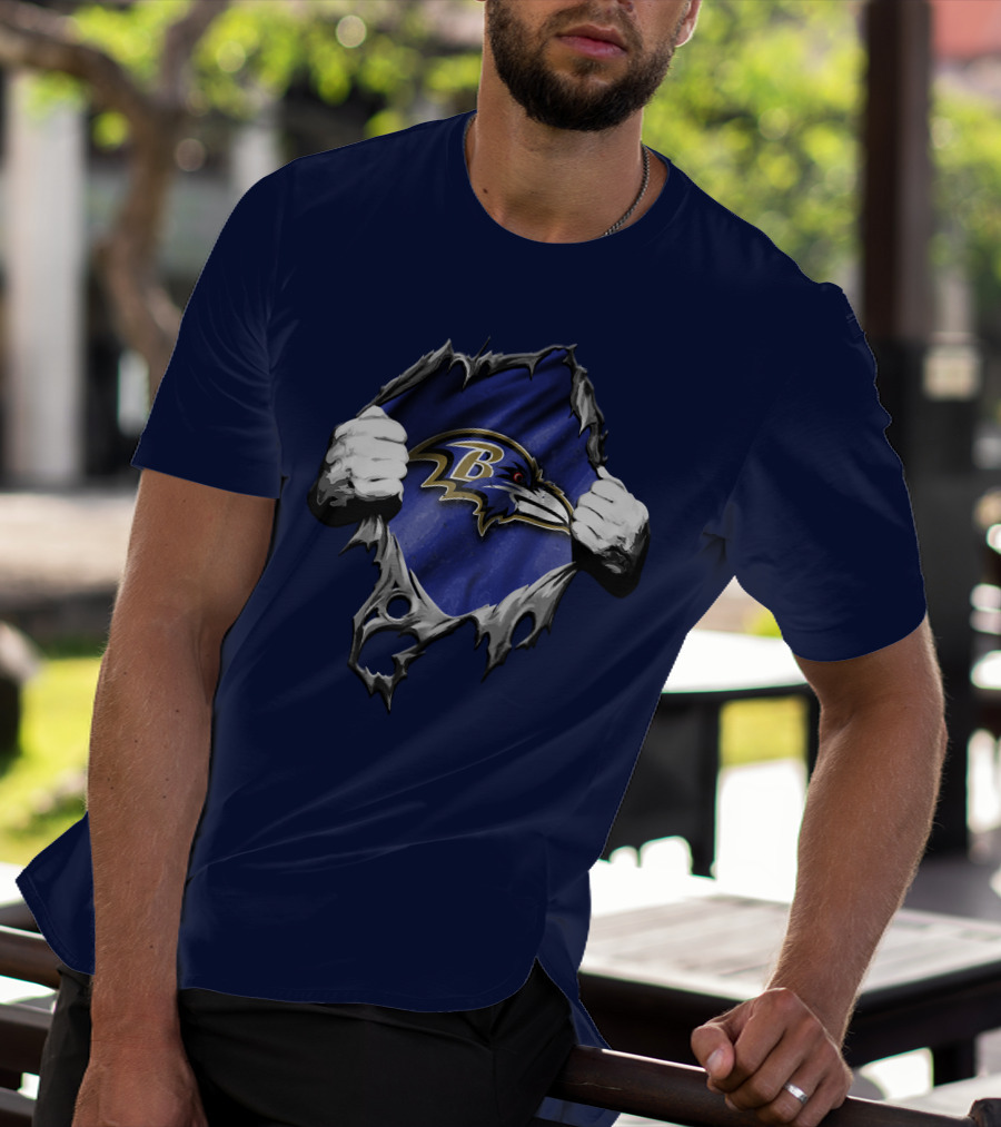 Torn V2 Baltimore Ravens Logo With Ripping Hands On Blue T-Shirt