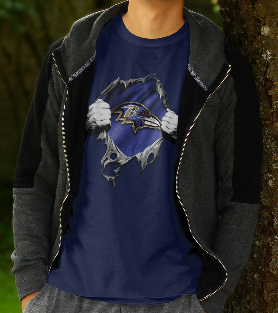 Torn V2 Baltimore Ravens Logo With Ripping Hands On Blue T-Shirt