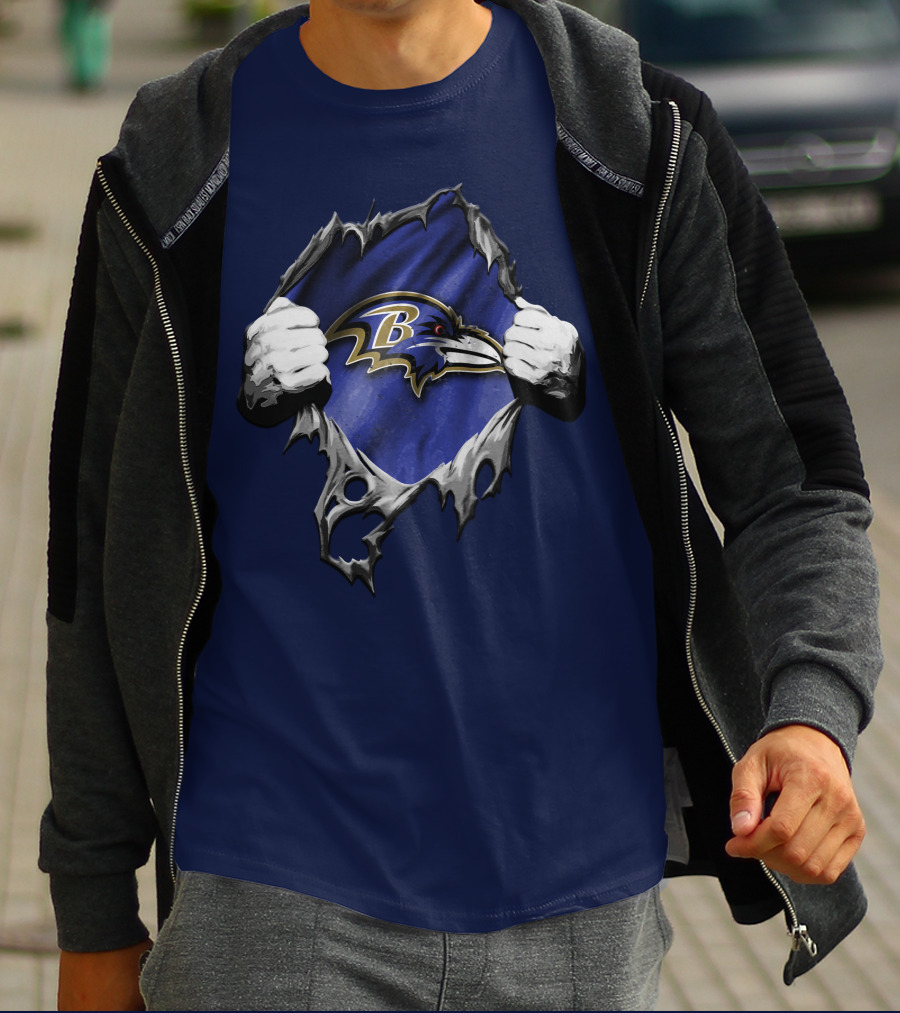 Torn V2 Baltimore Ravens Logo With Ripping Hands On Blue T-Shirt