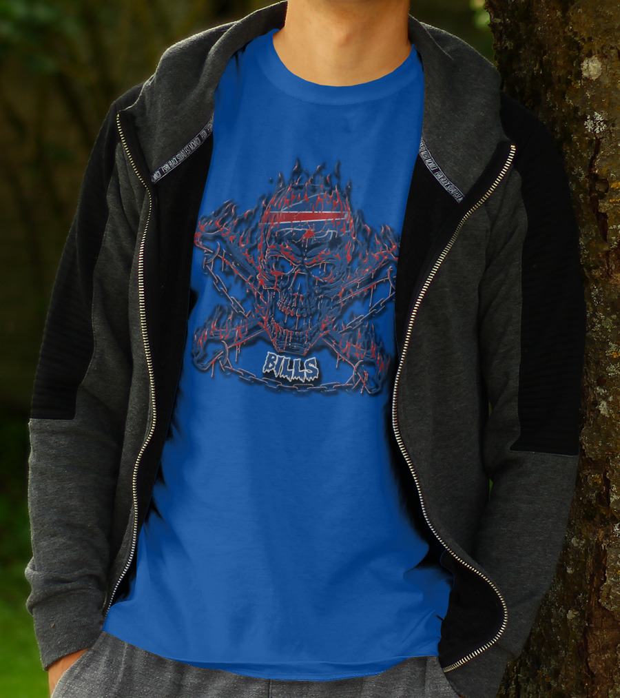 Buffalo Bills Flaming Skull Crossbones T-Shirt