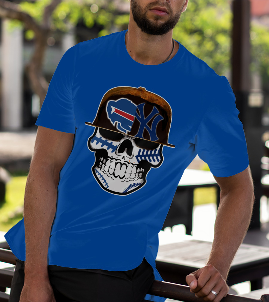 Buffalo Bills 75 Skull Design With Split Logo Yankees Cap T-Shirt