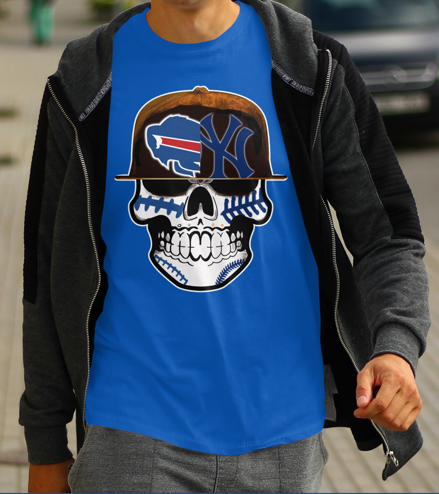 Buffalo Bills 75 Skull Design With Split Logo Yankees Cap T-Shirt