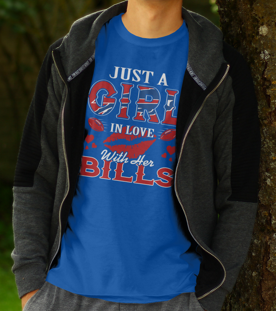 Just A Girl In Love With Her Buffalo Bills Football Hearts And Lip Print T-Shirt