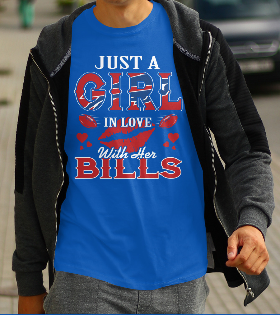 Just A Girl In Love With Her Buffalo Bills Football Hearts And Lip Print T-Shirt