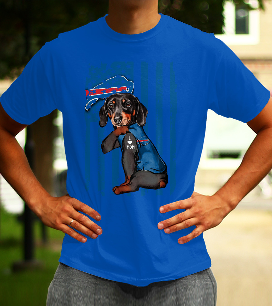 Dachshund Wearing Buffalo Bills Gear I Love Mom T-Shirt