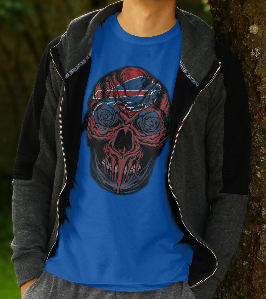Buffalo Bills 34 Skull With Blue And Red Rose Eyes On Blue T-Shirt