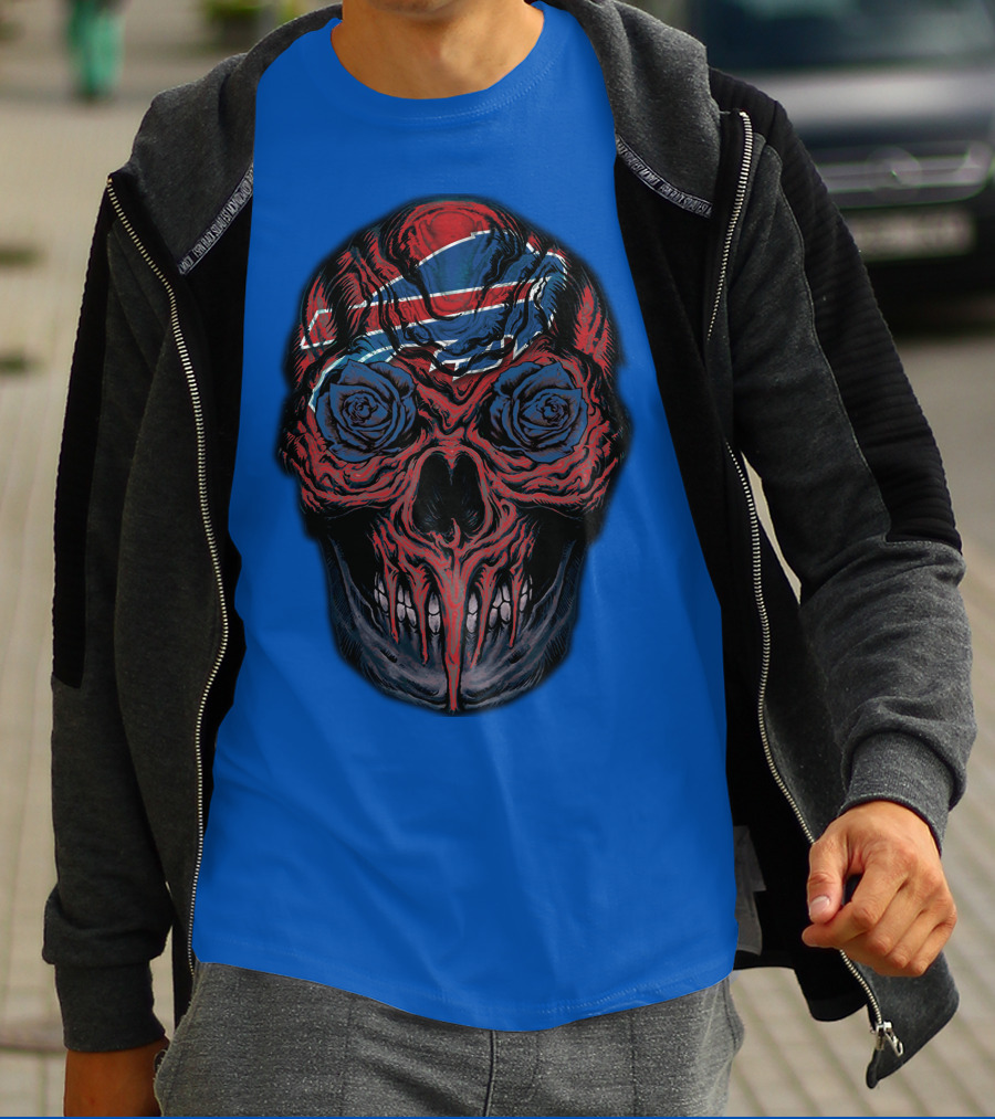 Buffalo Bills 34 Skull With Blue And Red Rose Eyes On Blue T-Shirt