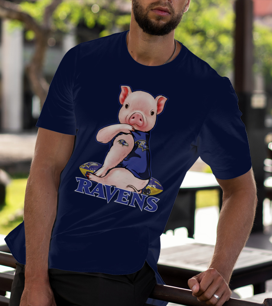 Ravens Pig Mascot With Baltimore Ravens T-Shirt