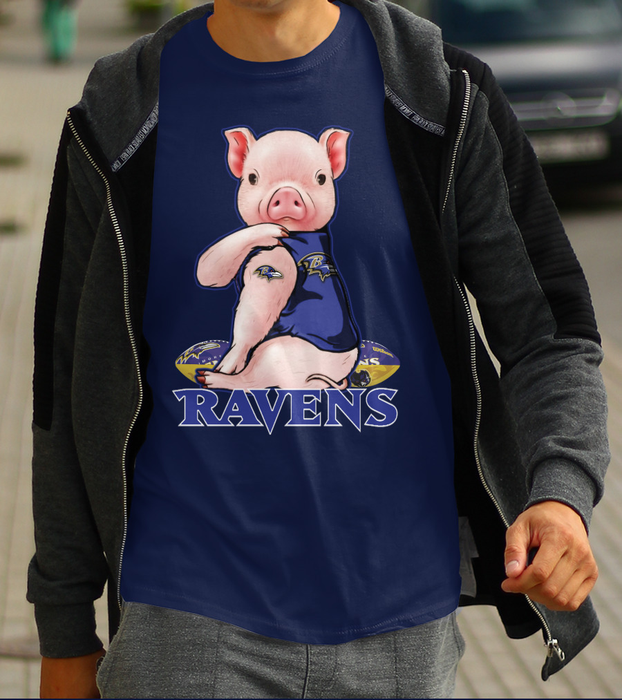 Ravens Pig Mascot With Baltimore Ravens T-Shirt