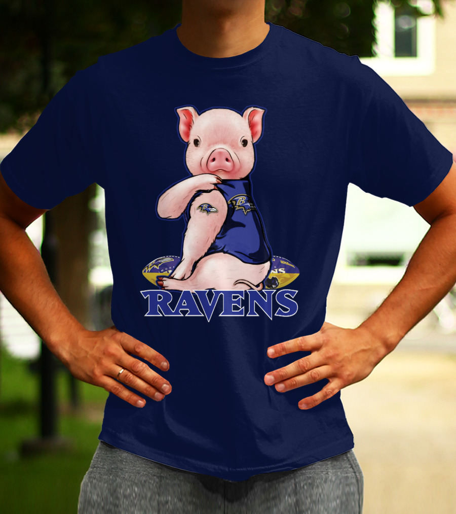 Ravens Pig Mascot With Baltimore Ravens T-Shirt
