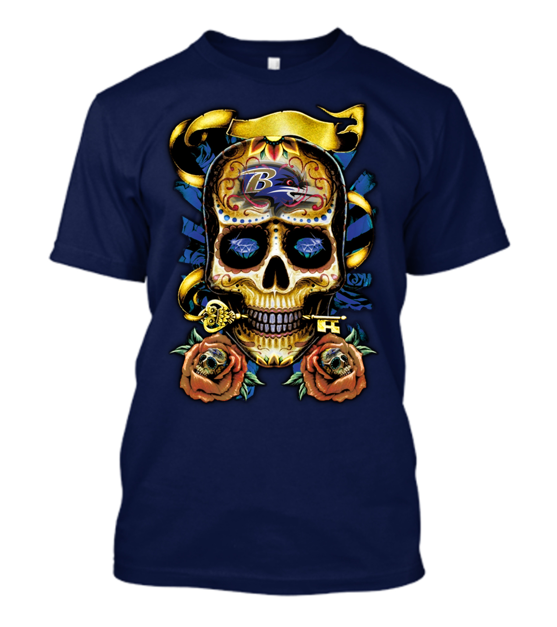 Baltimore Ravens Sugar Skull Art With Roses And Ribbon T-Shirt