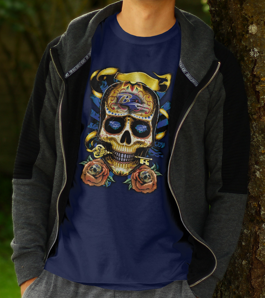 Baltimore Ravens Sugar Skull Art With Roses And Ribbon T-Shirt
