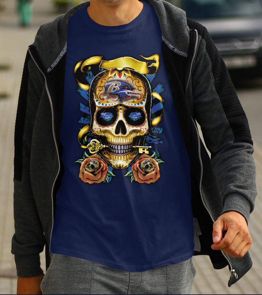 Baltimore Ravens Sugar Skull Art With Roses And Ribbon T-Shirt