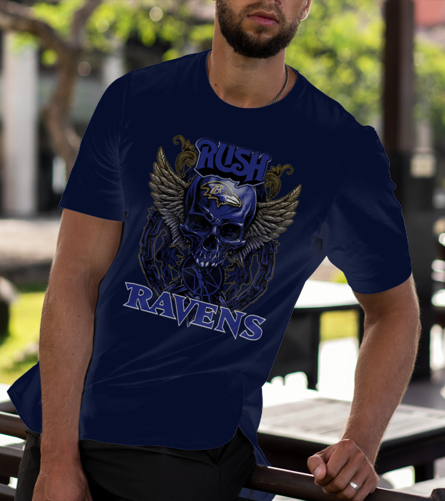 Rush Ravens Baltimore Football Skull Wings T-Shirt